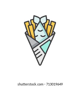 Fish and chips, potatoes, French fries  in paper colored line icon.
