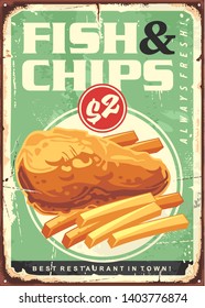 Fish and chips retro ad tin sign design. Fried fish fillet with french fries vintage advertising. Vector food illustration.