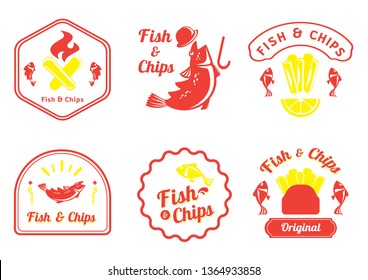 fish and chips retro badge design vector illustration with Cot fish,lemon,plastic fork,fire and french fries