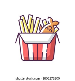Fish and chips RGB color icon. British fast food. English take away meal. European lunch. Dinner delivery. Best national fried dinner. Australian junk food. Isolated vector illustration