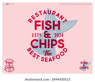 "Fish and Chips" seafood restaurant emblem. Letters on and fish tail backgrouns. Vintage style sign.