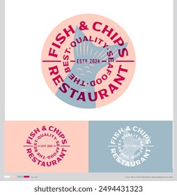 "Fish and Chips" seafood restaurant emblem. Letters on and fish tail into  circle. Vintage style sign.