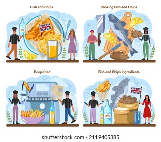 Fish and chips set. British deep-fried fish and chips fast food. Sea food and potatoes for snack. England takeaway food. Flat vector illustration