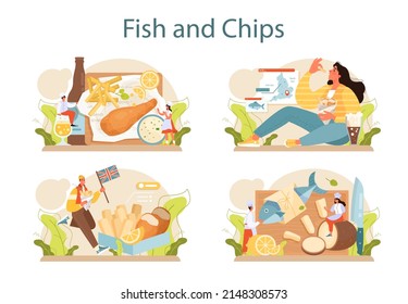 Fish and chips set. British deep-fried fish and chips fast food. Sea food and potatoes for snack. England takeaway food. Flat vector illustration