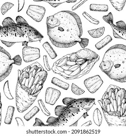 Fish And Chips Sketch Seamless Pattern. Vector Illustration. British Pub Food. Hand Drawn Sketch. Cooking Fish And Chips. Engraved Hand Drawn Vintage Image. Menu Design Template.