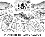 Fish and chips sketch vector illustration. British pub food. Hand drawn sketch. Cooking fish and chips. Engraved hand drawn vintage image. Menu design template.