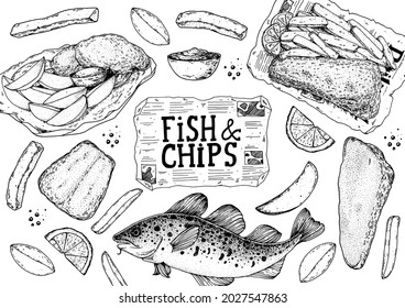 Fish and chips sketch vector illustration. British pub food. Hand drawn sketch. Cooking fish and chips. Engraved hand drawn vintage image. Menu design template.