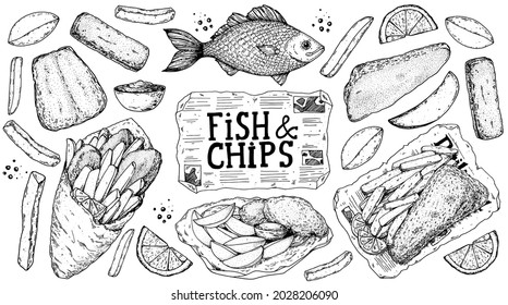 Fish and chips sketch vector illustration. British pub food. Hand drawn sketch. Cooking fish and chips. Engraved hand drawn vintage image. Menu design template.