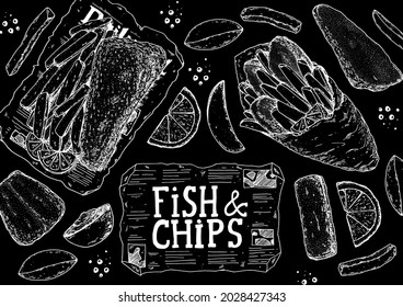 Fish and chips sketch vector illustration. British pub food. Hand drawn sketch. Cooking fish and chips. Engraved hand drawn vintage image. Menu design template.