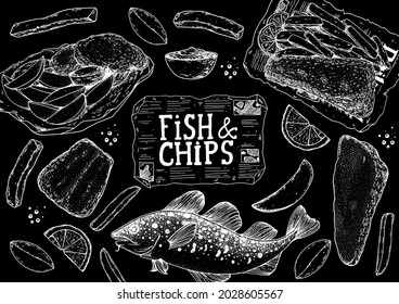 Fisch und Pommes frites Skizze, Vektorgrafik. Britisches Pub-Essen. Handgezeichnete Skizze. Fisch und Pommes frites kochen. handgezeichnetes Vintage-Bild mit Gravur. Menüdesign-Vorlage.
