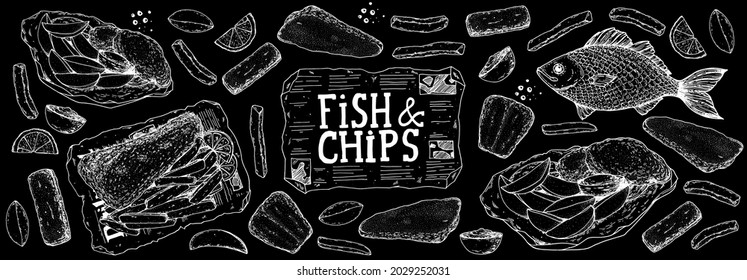 Fish and chips sketch vector illustration. British pub food. Hand drawn sketch. Cooking fish and chips. Engraved hand drawn vintage image. Menu design template.