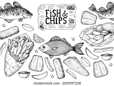 Fish and chips sketch vector illustration. British pub food. Hand drawn sketch. Cooking fish and chips. Engraved hand drawn vintage image. Menu design template.