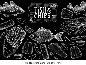 Fish y chips esbozan la ilustración vectorial. Comida de pub británica. Esbozo dibujado a mano. Cocinando pescado y patatas fritas. Imagen vintage grabada a mano. Plantilla de diseño de menú.