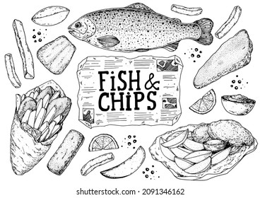 Fish and chips sketch vector illustration. British pub food. Hand drawn sketch. Cooking fish and chips. Engraved hand drawn vintage image. Menu design template.