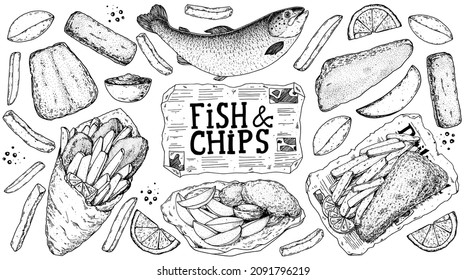 Fish and chips sketch vector illustration. British pub food. Hand drawn sketch. Cooking fish and chips. Engraved hand drawn vintage image. Menu design template.