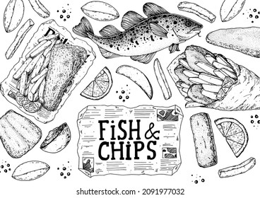 Fish And Chips Sketch Vector Illustration. British Pub Food. Hand Drawn Sketch. Cooking Fish And Chips. Engraved Hand Drawn Vintage Image. Menu Design Template.