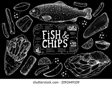 Fish and chips sketch vector illustration. British pub food. Hand drawn sketch. Cooking fish and chips. Engraved hand drawn vintage image. Menu design template.