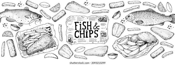 Fish and chips sketch vector illustration. British pub food. Hand drawn sketch. Cooking fish and chips. Engraved hand drawn vintage image. Menu design template.