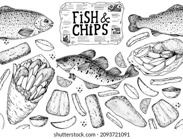 Fish and chips sketch vector illustration. British pub food. Hand drawn sketch. Cooking fish and chips. Engraved hand drawn vintage image. Menu design template.