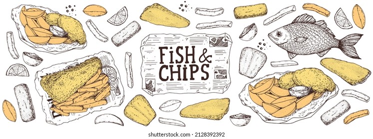 Fish and chips sketch vector illustration. British pub food. Hand drawn sketch. Cooking fish and chips. Engraved hand drawn vintage image. Menu design template.