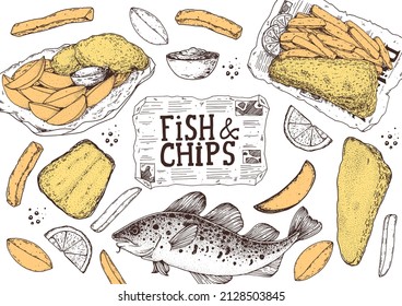 Fish and chips sketch vector illustration. British pub food. Hand drawn sketch. Cooking fish and chips. Engraved hand drawn vintage image. Menu design template.