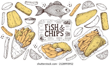 Fish and chips sketch vector illustration. British pub food. Hand drawn sketch. Cooking fish and chips. Engraved hand drawn vintage image. Menu design template.