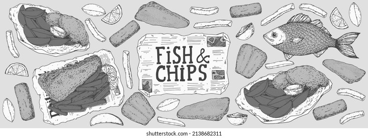Fish and chips sketch vector illustration. British pub food. Hand drawn sketch. Cooking fish and chips. Engraved hand drawn vintage image. Menu design template