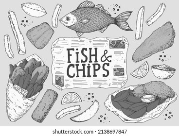 Fish and chips sketch vector illustration. British pub food. Hand drawn sketch. Cooking fish and chips. Engraved hand drawn vintage image. Menu design template