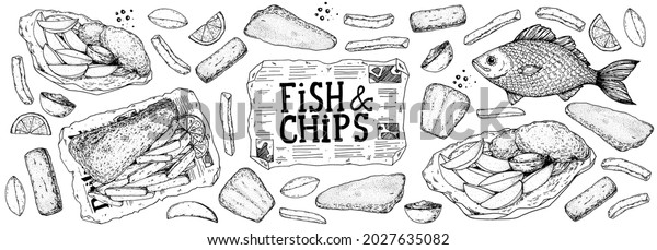 Fish and chips sketch vector\
illustration. British pub food. Hand drawn sketch. Cooking fish and\
chips. Engraved hand drawn vintage image. Menu design\
template.