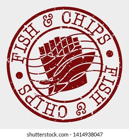 Fish and Chips Stamp. Fast Food Silhouette Seal. Round Design. Vector Icon. Design Retro Insignia.