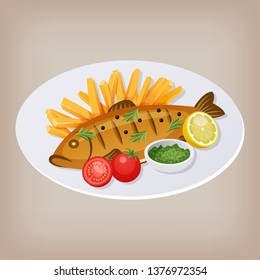Fish and chips with tomatoes, sauce and a slice of lemon on a plate. Vector illustration