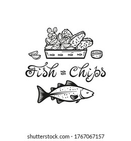 Fish and Chips. Traditional British Fast Food. Hand Drawn Doodle Sketch Cod Fish, Fried filet and Potato Fries in Box. Seafood and Vegetables. Street Food Menu or Label Design. Vector illustration