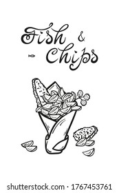 Fish and Chips. Traditional British Fast Food. Hand Drawn Doodle Sketch Fish Fried Filet and Potato Fries in Paper Cornet. Seafood and Vegetables. Street Food Menu or Label Design. Vector illustration