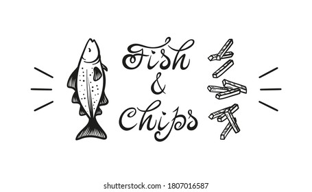 Fish and Chips. Traditional British Fast Food. Hand Drawn Sketch Cod Fish and Potato Fries. Seafood and Vegetables. Street Food Menu or Label Design. Vector illustration