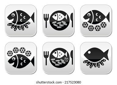 Fish and chips vector buttons set 