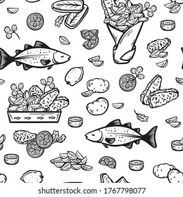 Fish and Chips Vector Seamless Pattern. Fast Food Background. Raw and Fried Seafood and Vegetables. Hand Drawn Doodle Sketch Cod Fish, Filet, Potatoes, Potato Fries, Lemon and Sauce. Street Food Menu