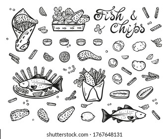 Fish and Chips Vector Set. Raw and Fried Seafood and Vegetables. Traditional British Fast Food. Hand Drawn Doodle Sketch Cod Fish, Filet, Potatoes, Potato Fries, Lemon and Sauce. Street Food Menu