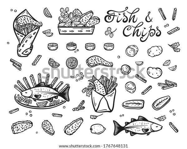 Fish and Chips Vector Set. Raw and Fried Seafood and\
Vegetables. Traditional British Fast Food. Hand Drawn Doodle Sketch\
Cod Fish, Filet, Potatoes, Potato Fries, Lemon and Sauce. Street\
Food Menu