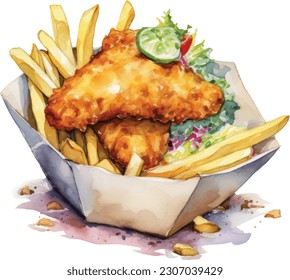 Fish and chips Watercolor .Traditional British food, paper-wrapped fish and chips with mashed peas. Suitable for restaurant menu design, flyers and cookbook. Illustration watercolor svg