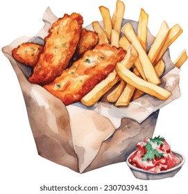 Fish and chips Watercolor .Traditional British food, paper-wrapped fish and chips with mashed peas. Suitable for restaurant menu design, flyers and cookbook. Illustration watercolor