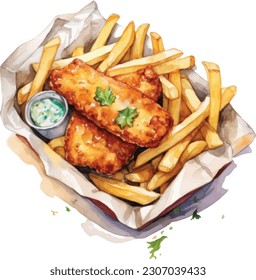 Fish and chips Watercolor .Traditional British food, paper-wrapped fish and chips with mashed peas. Suitable for restaurant menu design, flyers and cookbook. Illustration watercolor