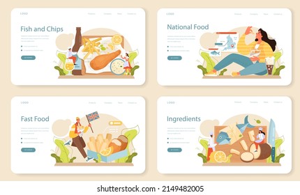 Pescado y fichas banner web o página de aterrizaje. Pescado frito británico y papas fritas de comida rápida. Comida marina y papas para picar. Comida de Inglaterra. Ilustración vectorial plana