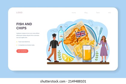 Fish and chips web banner or landing page. British deep-fried fish and chips fast food. Sea food and potatoes for snack. England takeaway food. Flat vector illustration