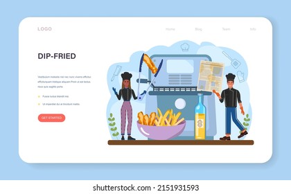 Fish and chips web banner or landing page. British deep-fried fish and chips fast food. Sea food and potatoes for snack. England takeaway food. Flat vector illustration