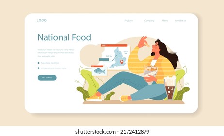 Fish and chips web banner or landing page. British deep-fried fish and chips fast food. Sea food and potatoes for snack. England takeaway food. Flat vector illustration