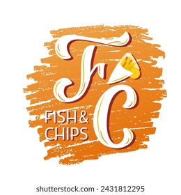 Fish and Chips white lettering on textured background. Hand drawn vector illustration with text decor and snack icons for billboard and poster. Positive quote for takeaway products banner or template