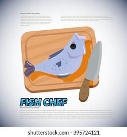 Fish with chopping block and knife. preparing to cook - vector illustration