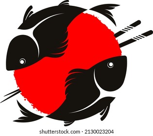 Fish and chopsticks. Fish dishes rolls and sushi