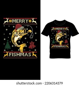 Fish in a Christmas Hat Christmas Celebration Course- Merry Fishmas- Christmas T-shirt Design –Merry Fishmas Bass Fish Fishing Christmas Ugly Sweater Xmas T-Shirt, Fishing Sweatshirt, Fishing Gift.