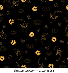 Fish, circles on the water and flowers pattern. Origami koi fish. Carp silhouette. Seamless pattern. Black background. For cloth, fabric, wrapping paper, home decor.